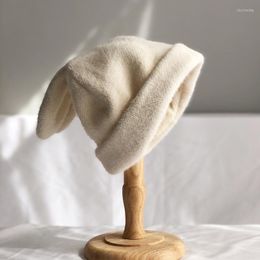 Bonnets Bonnet/Crâne Casquettes Drapé Oreilles Fourrure Bonnet Chapeau Pour Les Femmes Automne Hiver Tricoté Laine Chapeaux Japonais Coréen Chaud Velours ChapeauxBeanie/Skull