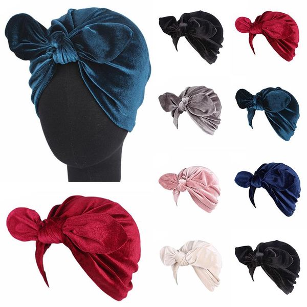 Bonnets Bonnet / Casquettes De Crâne Mode Velours Hijab Arc Oreilles Turban Musulman Chemo Cap Head Wrap Bandanas Accessoires De Cheveux Mujer Dormir