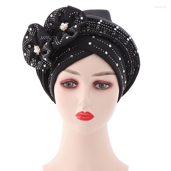 Geanies Geanie/calavera Capas Hanxi Luxury Rhinestone Pearl African Hat Geanie Women Flower Auto Gele Headtie Lady Turban Nigerian Muslim Cap