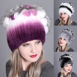 Bonnets Bonnet/Crâne Casquettes Dames Élégant Princesse Cap Fourrure Chapeaux Pour Femmes Hiver Réel Rex Chapeau Tricot Femelle Chaud Neige FourrureBeanie/Crâne Bonnet