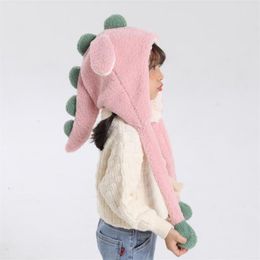 Bonnets Bonnet/Casquettes Petit Dinosaure Chapeau Avec Rars Moving Parent-enfant 2 In1 Écharpe Oreillette Agneau Velours Fourrure Chaleur Femme Hiver