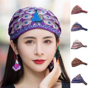 Bonnets Bonnet/Crâne Casquettes Paon Broderie Bonnet Élastique Boho Chapeaux Pour Femmes Bandes Bandes Dames Casque Laçage Tête Wrap Coloré