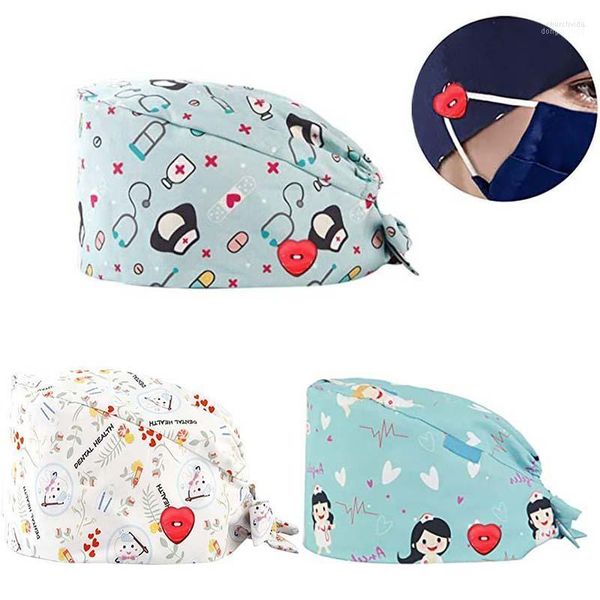 Gorros Gorro/Gorras de calavera Scrubs con botón Dibujos animados Impreso Ajustable Sombreros de trabajo Reutilizable Bouffant Transpirable Mujeres Hombres Accesorios