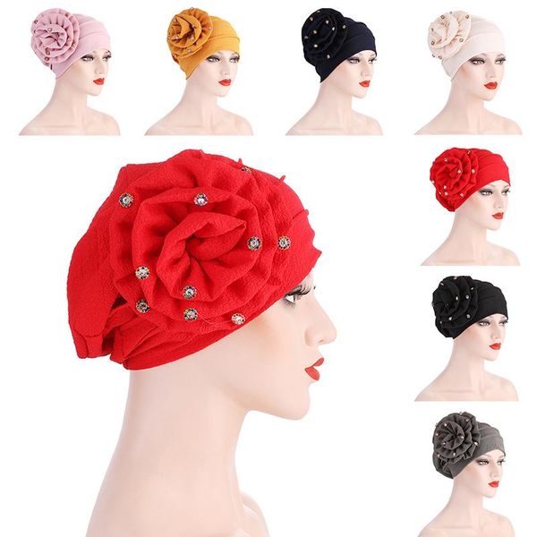 Bonnets Bonnet/Crâne Casquettes À La Mode Fleur Musulman Hijab Wrap Tête Intérieure Hijabs Coton Perles Turban Bonnet Pour Femmes Solide Couleur Islamique