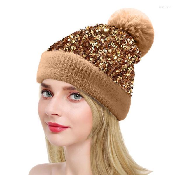 Bonnets Bonnet/Crâne Casquettes Chapeau D'hiver Femmes Pompon Bonnet Chapeaux Femmes Couverture Tête Casquette Brillant Tricoté Skullies Laine Gorros Femme Delm22