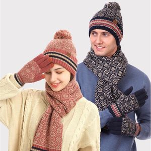 Bonnets Bonnet/Crâne Casquettes Hiver Trois Pièces Chapeaux Écharpe Gants Ensemble Femmes Chapeau Doux Hommes Tricoté Bonnet Chaud Mitaines En Peluche Laine PomPon