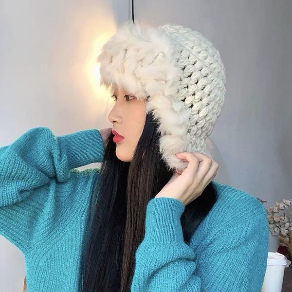 Gorros Beanie/Gorras de calavera Sombrero de lana cálido de invierno Tejido a mano para mujer Piel de cúpula Tejido de pelo real Gorro de oreja coreano