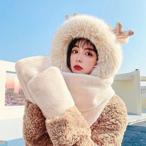 Bonnets Bonnet/Crâne Casquettes Hiver Femmes Mignon Épaissir Bois Chapeau Écharpe Gants Ensemble Nouveauté Chaud Casual En Peluche Chapeaux Solide Polaire Fille Kawaii