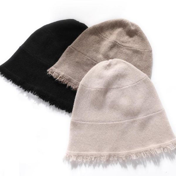 Bonnets Bonnet/Crâne Casquettes Femmes Automne Hiver Cachemire 35% Bonnet Tricot Ourlet Cassé Chaud Doux Bonnet Laine Bord Rugueux Skullies Real Pushmina D