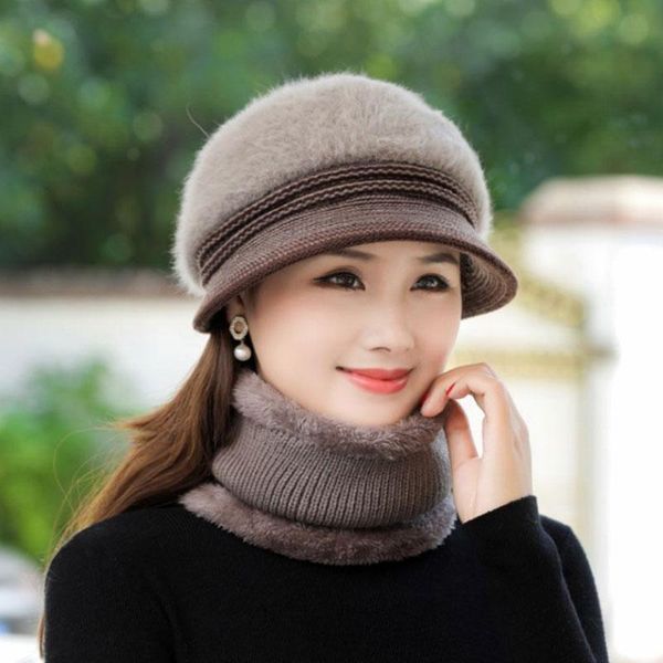 Bonnets bonnet/crâne casquettes femmes fourrure béret chapeau d'hiver garder au chaud femme casquette extérieure ajouter bavoir doublé écharpe ensemble pour dame décontracté