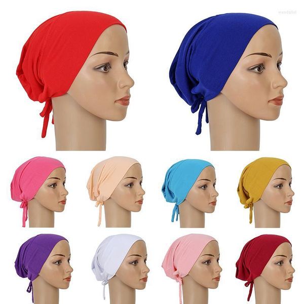 Gorros Beanie/gorras de calavera para mujer, gorros musulmanes, hiyab interior, gorro de vendaje inferior elástico, turbante de algodón ajustable para la cabeza de Color puro para mujer