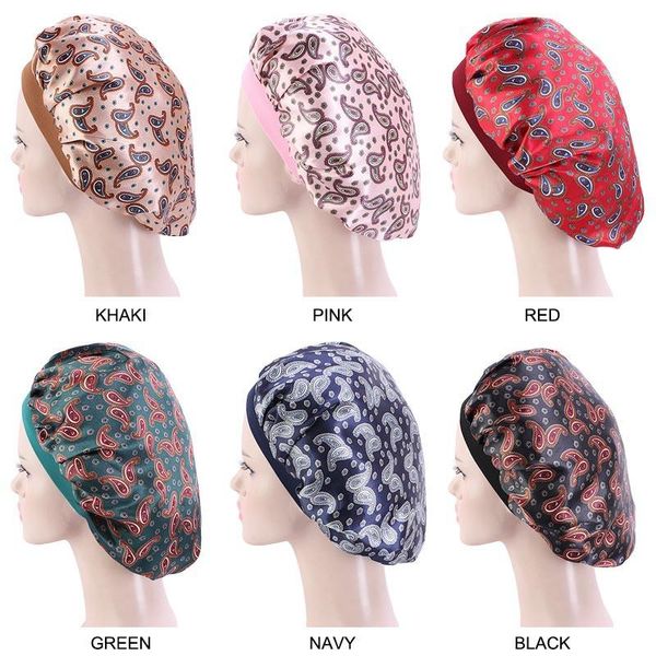 Bonnets Bonnet / Crâne Casquettes Femmes Satin Bonnet De Cheveux Pour Dormir Réversible Springy Rond Imprimé Bonnet Chapeau Nuit Tête Couverture Accessoires De Coiffure