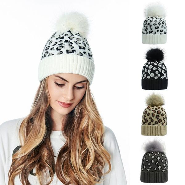 Gorros Beanie/gorras de calavera para mujer, gorro de punto cálido de invierno, gorro Vintage con estampado de animales de leopardo, pompón peludo, gorro de calavera con puños, cubierta para la cabeza, oreja