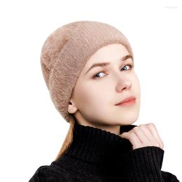 Bonnets Bonnet/Crâne Casquettes Femmes Hiver Laine Chapeaux Rond Top Tricot Chapeau Couleur Unie Double Couverture Latérale Protection Oreille Chaud Dames Doux Épais