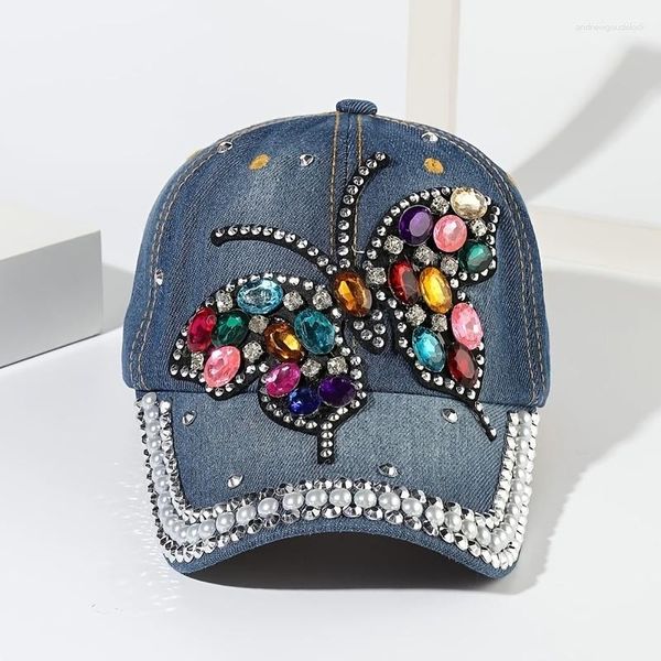 Gorros de mariposa con diamantes de imitación, gorra de béisbol de tela vaquera, sombrero de estilo informal ajustable para exteriores para mujeres y niñas, regalos de San Valentín para ella