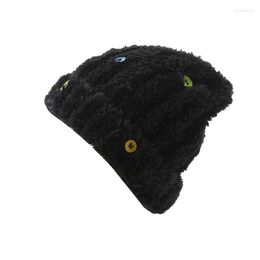 Bonnets Bouton Décor Noir Fourrure Bonnet Crâne Cap Hiver Chaud Tricot Chapeau Léger Saint Valentin Cadeaux