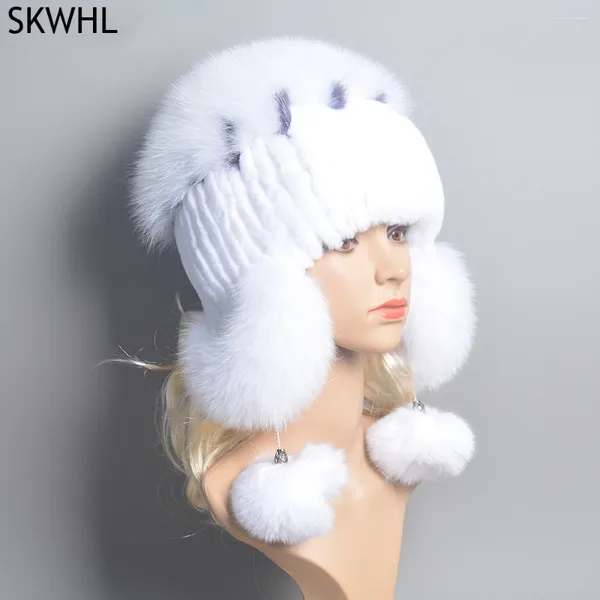 Bonnets Élastique Tricoté Rex Fourrure À La Main Véritable Chapeau Avec Oreilles Véritable Bonnet De Neige Bonnets Pour Femmes Designer