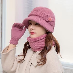 Beanies Fashion Winter Middle-Aged Mother Thick Warm Knitted Cap Gloves Scarf Set For Women Elegant Flowers Fur Bucket Hat