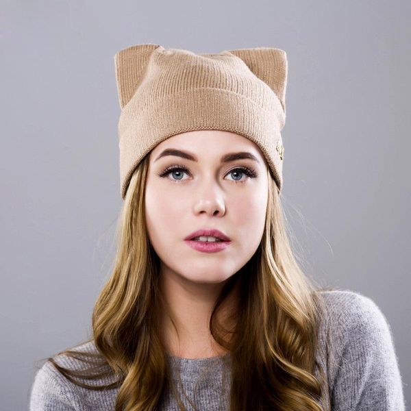 Gorros de moda para mujer, Sombrero de invierno para niñas, gorro de lana tejido bonito para exteriores, gorro cálido para esquiar, Gorro con orejas de gato