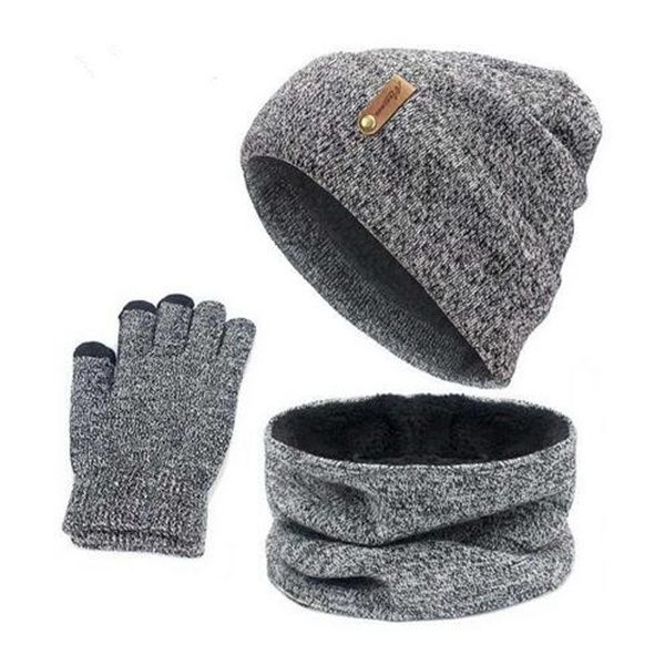 Bonnets Chapeau Anneau Écharpe Gants Ensemble Hiver Tricoté Épais Bonnet Chaud Femmes Hommes Solide Rétro Bonnet Chapeau Doux Écran Tactile Gants GC1538