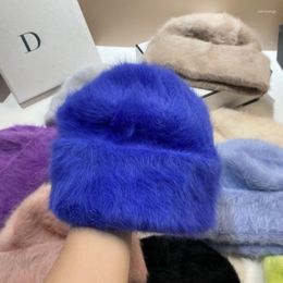 Bonnets coréens en peluche pour femmes, deux vêtements, AuWarm, fourrure Angora, chapeau d'hiver moelleux, mode Simple, Version légère, chapeaux tricotés, cadeau