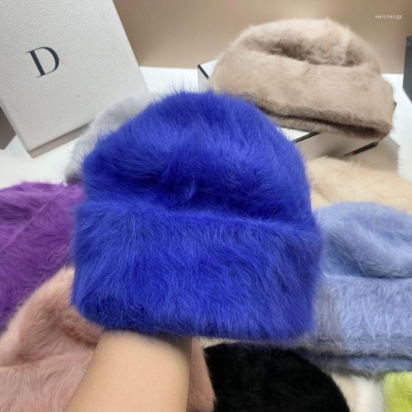 Bonnets coréens en peluche pour femmes, deux vêtements, AuWarm, fourrure Angora, chapeau d'hiver moelleux, mode Simple, Version légère, chapeaux tricotés, cadeau