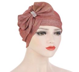 Bans de paillettes multicolores Bowknot Fashion Turban Hat Cross front Big Bow Diamondstudded Turbans for Women Headwrap Muslim 2027944212