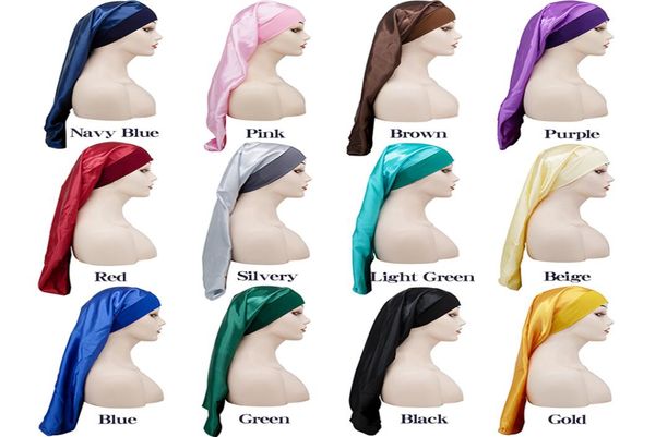 Bonnets Bonnets de nuit Élasticité Head Wrap Droop Mode Soie Satin Cheveux Bonnet Cowls Ajusté Durag Long Tube Chapeau Turbans3684627