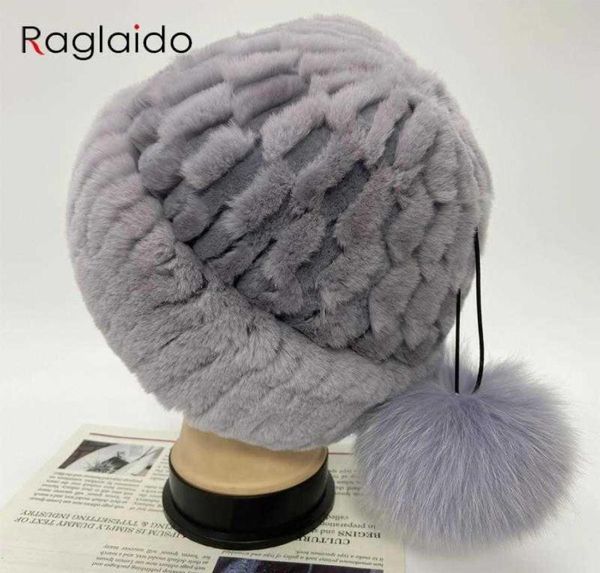 Bons de Russie Femmes hivernal Rex Rabbit Hat de fourrure tricot de fourrure de fourrure élégante Real Femme Fémelle Fox Pompom Ball Caps J22111073818355024773