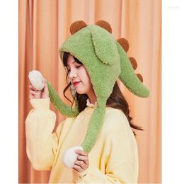 Mutsen Vrouwen Winter Bomber Cap Pluizige Pluche Hoodie Sjaal Hoed Met Bewegende Springende Oren Vrouwelijke Grappige Cartoon Dinosaurus Warm oorklep