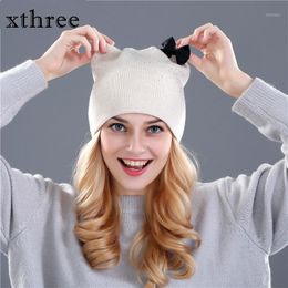 Beanies Xthree Fur Wool Gebreide hoed Winter Spring Skullies voor vrouwen Girls Kitty Feminino1