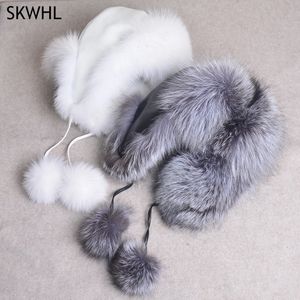 BeanieSkull Caps 100 véritable chapeau de fourrure pour les femmes argent naturel russe Ushanka chapeaux hiver épais oreilles chaudes mode Bomber Cap 231120