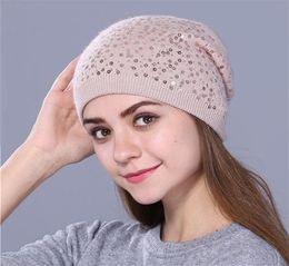 BeanieSkull Caps 2021 La liste Cachemire Tricot Chapeau Paillettes Broderie Femme Sans Chapeaux Casquette De Mode Femme Automne Hiver Wa9394818