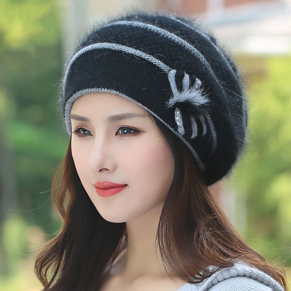 BeanieSkull Caps Angora Béret Femmes Chapeau D'hiver Tricot Bonnet Automne Chaud Fleur Épais Double Couches Ski En Plein Air Accessoire Pour Dame 230211