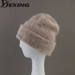 BeanieSkull Caps Gorro de invierno de piel de conejo Angora para mujer Gorro mullido tejido Moda para mujer Cálido Cráneo de felpa Gorros de lana gruesos para mujer 231122