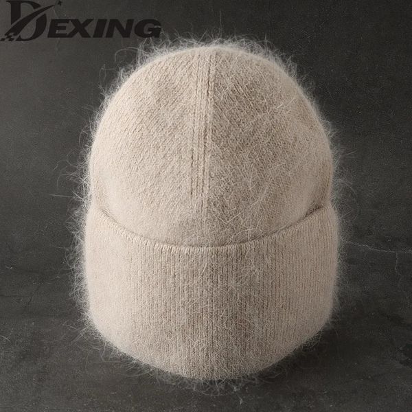 BeanieSkull Caps Angora Chapeau D'hiver Pour Femmes De Fourrure De Lapin Moelleux Bonnets Tricotés Bonnet Femelle Doux Chaud SKI Skullies 231013