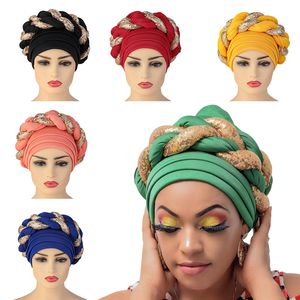 BeanieSkull Caps Arabische Wrap Moslim Sjaal Hijaabs Tulbanden Afrikaanse Headtie Pailletten Vlecht Hoed voor Vrouwen Geplooide Beanie Headwrap Haaraccessoires 230816