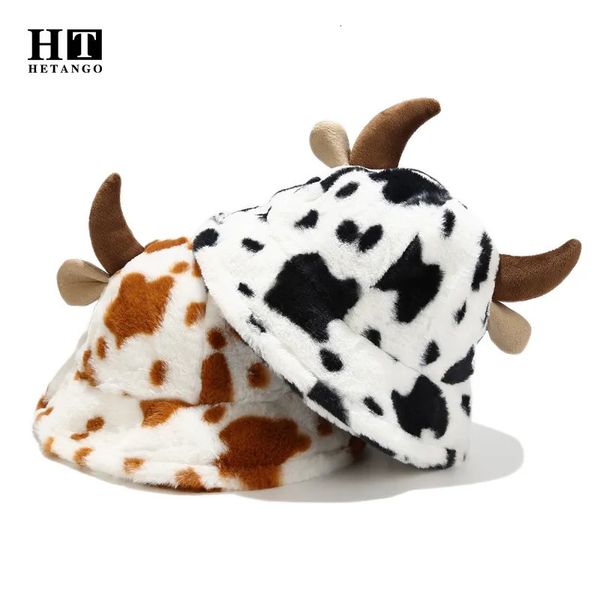 BeanieSkull Caps Automne Hiver Mignon Corne Chapeau De Pêcheur Femmes Mode All-match Lait Vache Motif Impression Peluche Épais Extérieur Chaud Bassin Chapeau 231009