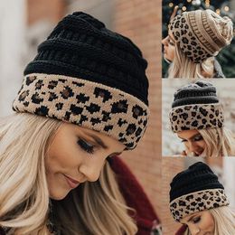 BeanieSkull Caps Beanie Hat para las mujeres de invierno de punto otoño leopardo al aire libre crochet capó cálido sombreros femeninos niña 231027