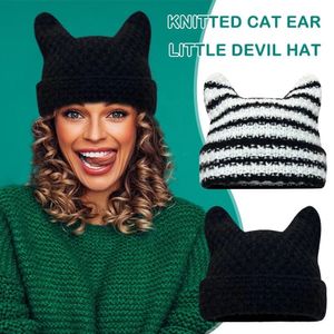 BeanieSkull Caps Beanie Hat Ins Little Devil Striped Knitted Wool Cap Autumn and Winter Crochet Cute Cat Ears Pointed Pullover Womens Hats 230821