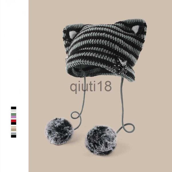 BeanieSkull Caps Gorros BeanieSkull Gorros hechos a mano Y2k con orejas de gato japonés Gorro con pompón de pelo de conejo Gorro de punto a rayas para niña Otoño e invierno Gorros cálidos para mujer 23071