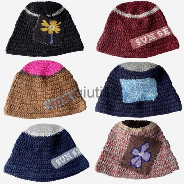 BeanieSkull Caps BeanieSkull Caps Ins Vintage Tejido a mano Patchwork Gorros cálidos Mujeres Otoño Invierno Color coreano a juego Y2k Flores Sombrero de cubo tejido 230921 x09