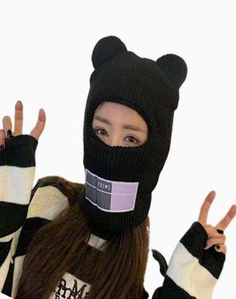 BeanieSkull Caps Bear Ears Balaclava Dames 1 trou Masque de ski fait à la main Crochet Full Face Wooly Hat Cute Girl Winter Streetwear Warm5259141