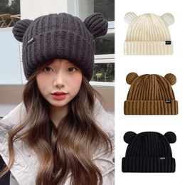 BeanieSkull Caps Cute Bear Ears Knit Wool Beanie Hat para Lady Girl Otoño Invierno Suave Grueso Cálido Protección para los oídos Skullcap Outdoor Ski Skate Bonnet 231013