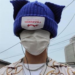 BeanieSkull Caps Mignon Mode Capuchon À Capuchon Loverboy Chat Oreille Tricot Chapeau Double Couche Chaud Oreille De Cochon Chapeau De Laine Niche Design Hiphop Persona246a