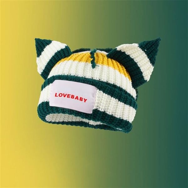 BeanieSkull Caps Lindo Sombrero de oreja de ganchillo multicolor para mujer Gorro de fiesta de hiphop de punto de invierno Gorro de lana con orejas de gato cálidas de doble capa250c