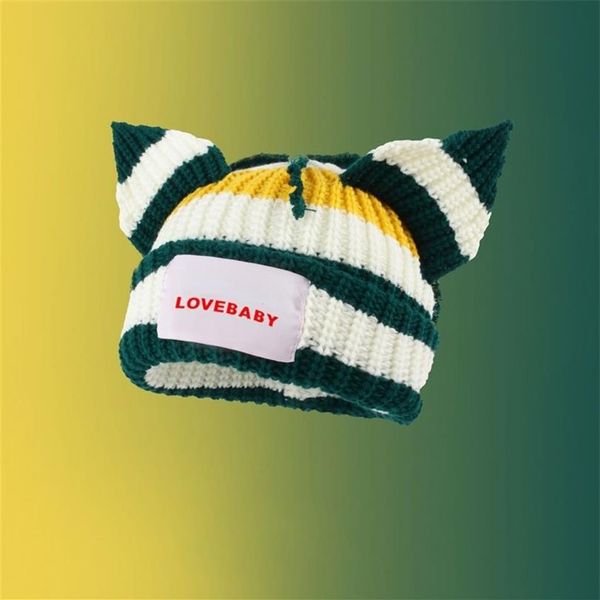 BeanieSkull Caps Lindo Sombrero de oreja de ganchillo multicolor para mujer Gorro de fiesta de hiphop de punto de invierno Doble capa Orejas de gato cálidas Gorro de lana286Z