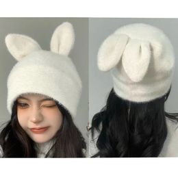 BeanieSkull Caps Schattige Konijnenoren Gebreide Hoeden Voor Vrouwen Herfst Winter Warm Zacht Konijnenbont Beanie Cap Meisjes Effen Kleur elastische Skullies Skimuts 231113