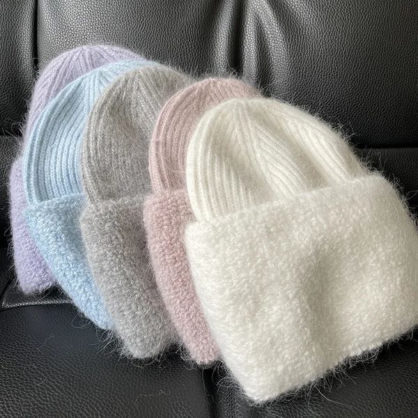 BeanieSkull Caps Double Couche Chaud Tricot Chapeau Femme En Peluche De Fourrure De Lapin Hiver Femmes Mode Solide Couleur Simple Joker Bonnets 230928