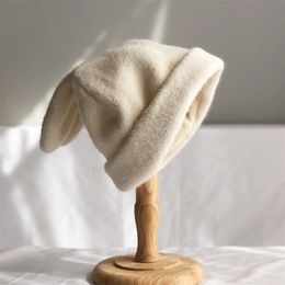 Beanieskull Caps draperen Rabbit Ears konijnenbont motorkap hoed voor dames herfst winter gebreide wollen hoeden Japanse Koreaanse warme fluwelen beanies hoeden 220916